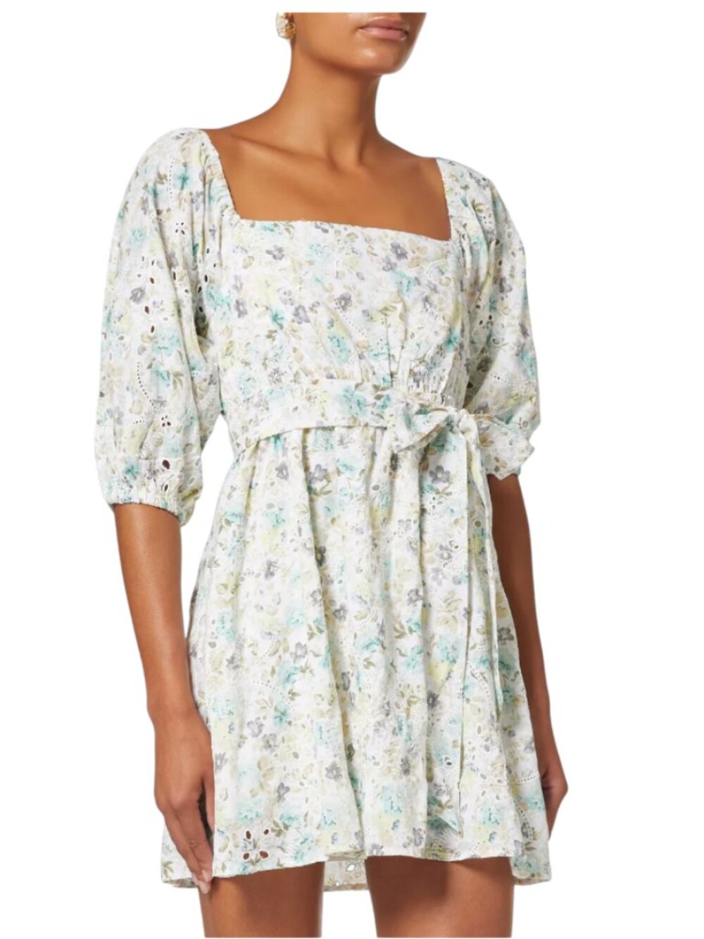 MINKPINK Irwin Floral Print Mini Dress Womens Small Ivory Blue Yellow Belted